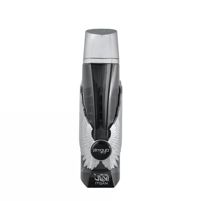 Zimaya Itqan Noir by Zimaya 100ml EDP Men — A tall, dark grey perfume bottle with silver winged accents and a silver cap, featuring the brand name 'zimaya' and 'ITQAN' in Arabic and English.