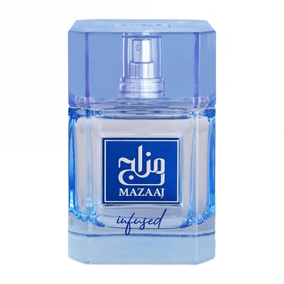 Zimaya Mazaaj Infused by Zimaya 100ml EDP Men — Clear glass perfume bottle with a blue cap and a blue label featuring Arabic script and the text MAZAAJ, with 'infused' written in cursive below.