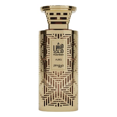Zimaya Modhesh Elegant Pour Homme by Zimaya 100ml EDP — Gold ornate patterned bottle with Arabic script and text 'MODHESH AURA zimaya'