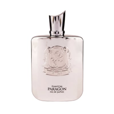 Zimaya Phantom Paragon by Zimaya EDP 100ml Man — Silver metallic perfume bottle with embossed crest and cap, isolated on white background.