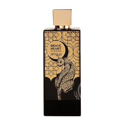 Zimaya Brave Heart Eau de Parfum — Black bottle with gold geometric pattern and a leopard illustration, gold cap.