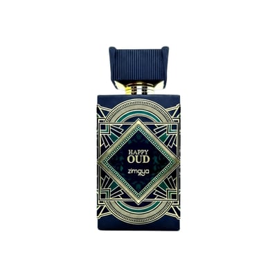 Zimaya Happy Oud by Zimaya 100ml Extrait Unisex — A dark blue perfume bottle with intricate gold and green geometric patterns, featuring a gold-accented dark blue cap.
