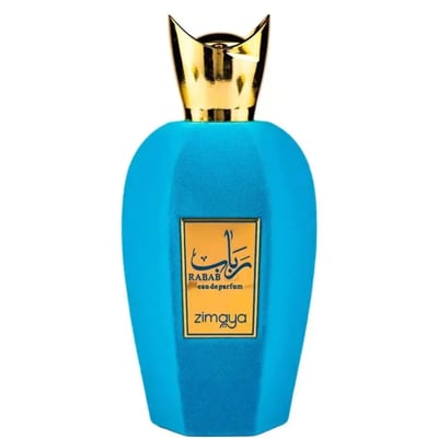 Zimaya Rabab Blue by Zimaya 100ml EDP Unisex — A blue, faceted perfume bottle with a gold crown-like cap, featuring a gold label with Arabic script, 'RABAB', 'eau de parfum', and 'zimaya'.