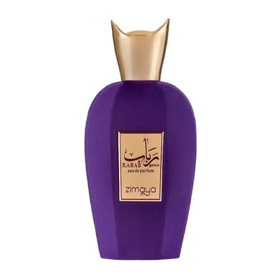 Zimaya Rabab Gems by Zimaya 100ml EDP Unisex — A purple, teardrop-shaped perfume bottle with a gold, crown-like cap. The label is gold with Arabic script and text reading 'RABAB gems eau de parfum zimaya'.