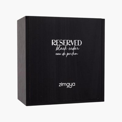 Zimaya Reserved Black Cedar by Zimaya EDP 100 ml — A black wooden box with white text reading "RESERVED black cedar eau de parfum" and the Zimaya logo at the bottom.