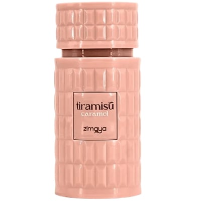Zimaya Tiramisu Caramel — A tall, cylindrical peach-colored perfume bottle with a textured geometric pattern and a matching cap. The label reads 'tiramisu caramel' and 'zimaya'.