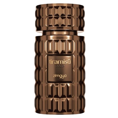 Zimaya Tiramisu Coco EDP Unisex — A bronze-colored perfume bottle with a textured geometric pattern and a gold label reading 'tiramisu coco' and 'zimaya'.