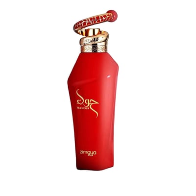 Zimaya Hawwa Red by Zimaya 100ml EDP Women — Red perfume bottle with gold accents and a coiled snake-like cap with red details, isolated on white.