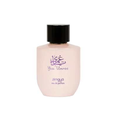 Zimaya Yaa Umree by Zimaya EDP 100 ml Women — A light pink perfume bottle with a black cap, featuring purple Arabic calligraphy and text 'Yaa Umree' and 'zimaya eau de parfum'.