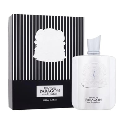 Zimaya Phantom Paragon EDP 100ml Man — White perfume bottle with embossed crest and silver cap, next to a black and white striped box with a white embossed crest.