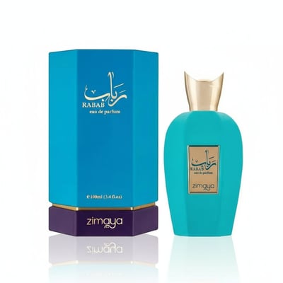 Zimaya Rabab Blue by Zimaya 100ml EDP Unisex — Blue octagonal box with gold accents next to a turquoise perfume bottle with a gold cap, both featuring Arabic script and 'Rabab' text.