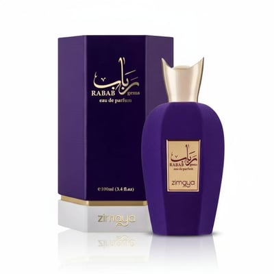 Zimaya Rabab Gems by Zimaya 100ml EDP Unisex — Purple velvet perfume bottle with gold cap and label, next to a matching purple box with gold text, on a white base with reflection.