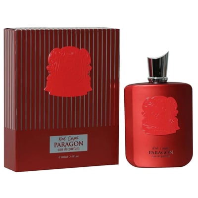 Zimaya Red Carpet Paragon EDP 100ml — Red perfume bottle and matching box with ribbed texture and embossed crest, displayed side-by-side on a white background.