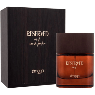 Zimaya Reserved Oud EDP 100 ml Unisex — A dark wooden box with gold lettering "RESERVED oud eau de parfum" and "zimaya" sits next to a clear amber glass perfume bottle with a dark brown cap, also labeled "RESERVED oud zimaya".