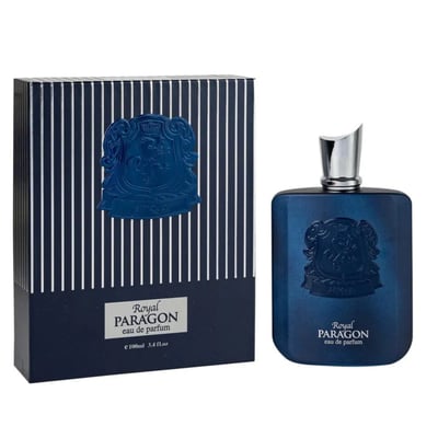 Zimaya Royal Paragon by Zimaya EDP 100ml Man — Blue striped box and blue square perfume bottle with silver cap, both featuring a blue crest emblem.