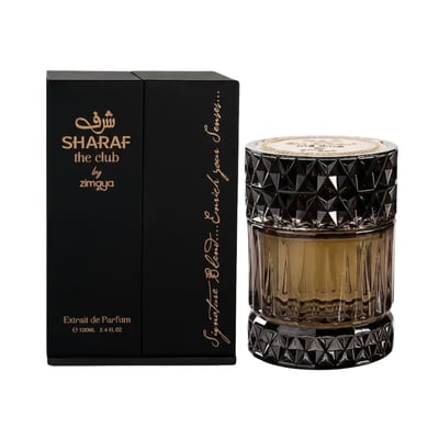 Zimaya Sharaf The Club by Zimaya 100ml Extrait Men — Black box with gold Arabic script and text, next to a faceted glass perfume bottle with gold liquid and a dark faceted cap, on a white background.