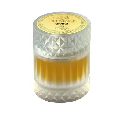 Zimaya Sharaf Divine By Zimaya 100 ml Extrait Unisex — A clear glass perfume bottle with a textured, faceted white cap and a golden label featuring Arabic script and the text 'SHARAF divine by zimaya'