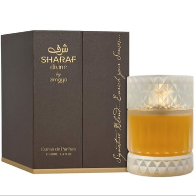 Zimaya Sharaf Divine By Zimaya 100 ml Extrait Unisex — Brown textured box with gold Arabic script and text 'SHARAF divine by zimaya', next to a clear glass perfume bottle with amber liquid and a faceted white cap.
