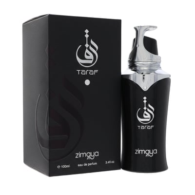 Zimaya Taraf Black by Zimaya 100ml EDP Men — Black perfume bottle with silver cap and Arabic logo, next to its black box with the same logo and text.