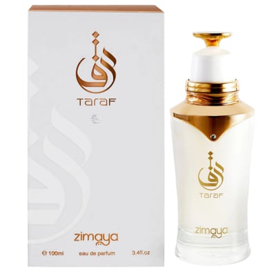 Zimaya Taraf White by Zimaya 100ml EDP Women — White perfume box with gold Arabic calligraphy logo and a frosted white glass bottle with gold accents and cap, isolated on white background.