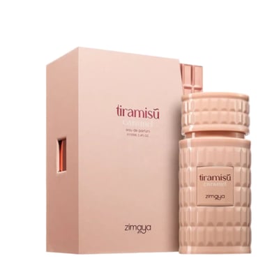 Zimaya Tiramisu Caramel By Zimaya 100 ml EDP — A light pink perfume box and bottle with textured diamond patterns, set against a white background. The box has 'tiramisu caramel' text and the bottle has 'tiramisu caramel zimaya' text.