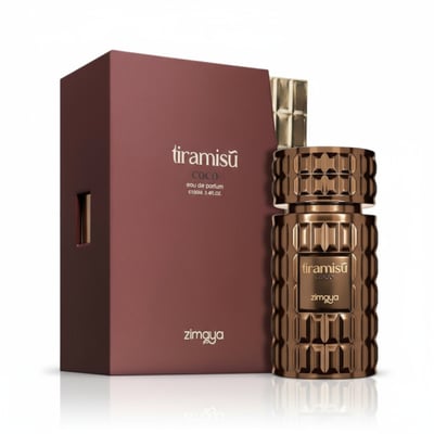 Zimaya Tiramisu Coco by Zimaya 100 ml EDP Unisex — A brown textured perfume bottle and its matching box, with a gold cap, set against a white background.