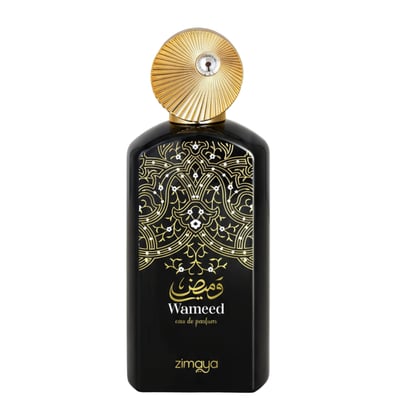 Zimaya Wameed Eau de Parfum — Black rectangular perfume bottle with ornate gold Arabic calligraphy and geometric pattern, topped with a textured gold cap.
