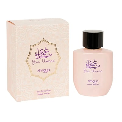 Yaa Umree by Zimaya EDP 100 ml Women — A light pink perfume bottle with a black cap sits next to its matching light pink box, both featuring ornate gold and purple Arabic calligraphy and text.