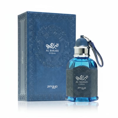 Zimaya Al Barari Coral by Zimaya 100 ml EDP — Blue glass perfume bottle with a dark textured label and a blue cap with a leather strap, next to its matching blue embossed box.