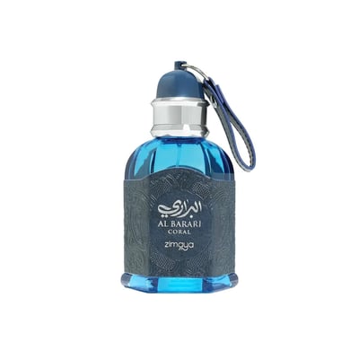 Zimaya Al Barari Coral by Zimaya 100 ml EDP — Blue glass perfume bottle with ornate dark grey textured wrap and silver cap, attached blue leather strap