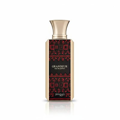 Zimaya Grandeur 100ml EDP for Unisex — Gold bottle with a decorative black label featuring red geometric patterns, text 'GRANDEUR eau de parfum' and 'zimaya'.