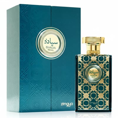 Zimaya Siada Regal by Zimaya 100 ml EDP — Teal gift box with gold embossed pattern and circular emblem, next to a glass perfume bottle with gold cap and matching emblem.