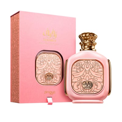 Zimaya Zukhruf Femme Pink by Zimaya 100ml EDP Women — Pink perfume bottle with gold ornate cap and matching pink box with gold intricate design, displayed together on a white background.
