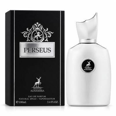 Maison Alhambra Perseus by Maison Alhambra 100ml EDP Men — Black textured box with silver emblem and text 'PERSEUS', next to a sleek white perfume bottle with a silver cap and a circular logo.