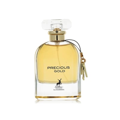 Maison Alhambra Precious Gold 80ml by Maison Alhambra — A clear glass perfume bottle with golden liquid, a clear faceted cap, and a black string with gold charms hanging from the neck. The label reads "PRECIOUS GOLD" with a deer silhouette and "MAISON ALHAMBRA" below. | Maison Alhambra Precious Gold 80ml by Maison