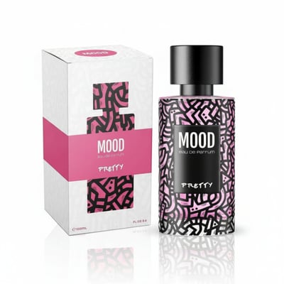 Mood Perfume Mood Pretty For Her 100 ml EDP — White box and perfume bottle with pink and black abstract pattern, black cap, white background.