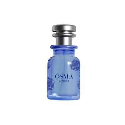 Osma Amber S Rose Osma 75ml EDP — Blue glass perfume bottle with silver cap, decorated with blue rose imprints.