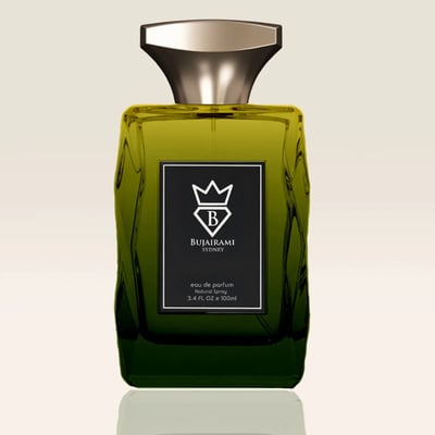 Bujairami Pulse Fiction by Bujairami 100ml EDP — Green glass perfume bottle with a metallic gold cap and a black label featuring a crown logo and text.