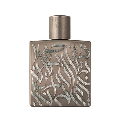 Rayhaan Rayhaan Woody Noir Eau De Parfum 100ml — A rectangular, taupe-colored perfume bottle with intricate, raised silver Arabic calligraphy covering its front surface and a metallic silver cap. | Rayhaan Rayhaan Woody Noir Eau De Parfum 100ml — Botol minyak wangi berbentuk segi empat, berwarna taupe dengan kaligrafi