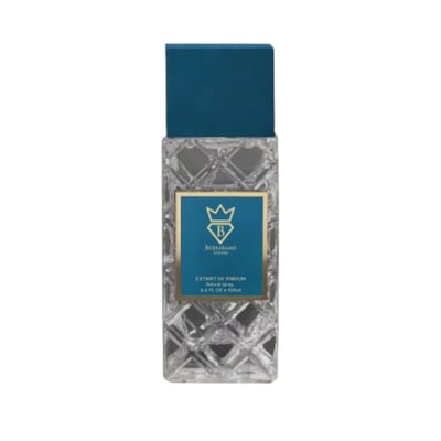 Bujairami Real Deal Fresh Citrus Musk 100ml Extrait — Clear faceted glass bottle with a dark blue cap and a blue label featuring a gold crown logo and text.