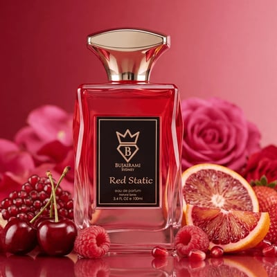 Bujairami Red Static Eau de Parfum — Red glass perfume bottle with gold cap, surrounded by fresh fruits like cherries, raspberries, strawberries, blood orange slices, and pomegranate seeds, with pink rose petals and a red background.