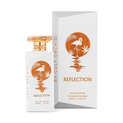 Gulf Orchid Reflection For Her 100ml by Gulf Orchid — White perfume bottle and its box, both featuring a circular orange graphic of a flamingo reflected in water with palm leaves. | Botol minyak wangi putih dan kotaknya, kedua-duanya menampilkan grafik bulatan oren seekor flamingo yang terpantul di air dengan daun