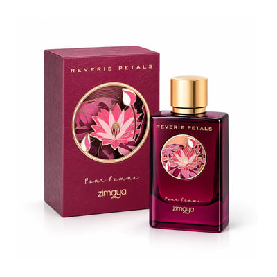 Zimaya Reverie Petals by Zimaya 100ml EDP Women — A deep magenta perfume bottle with a gold cap, featuring a circular floral design of pink lotus flowers. A matching magenta box with the same floral design is placed to the left.