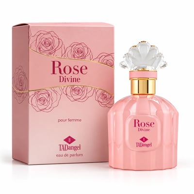 TADangel Rose Divine — Pink perfume bottle and box with rose illustrations, gold accents, and a crystal-like cap.