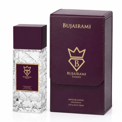 Bujairami Sacred Order by Bujairami 100ml Extrait — Clear faceted glass perfume bottle with a deep purple cap and gold label, next to its matching deep purple presentation box with gold lettering and logo.