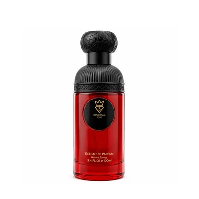 Bujairami Sacred Skin Bujairami 100ml Extrait Unisex — Red glass perfume bottle with a black textured cap and a black circular label featuring a gold crown logo and brand name.