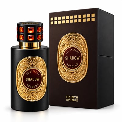 French Avenue Shadow Absolus by French Avenue Extrait Unisex — Black perfume bottle with ornate gold label and jeweled cap, next to its dark brown box with gold squares and matching label.