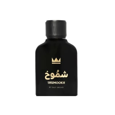 Gulf Orchid Shumookh Parfum 100ml — Black perfume bottle with a gold crown logo and Arabic text, against a white background. | Botol minyak wangi hitam dengan logo mahkota emas dan teks Arab, berlatar belakang putih.