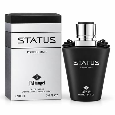 TADangel Status by TADangel 100ml EDP Men — Black perfume bottle with silver cap and decorative black ribbon accents, next to its matching black and silver box.