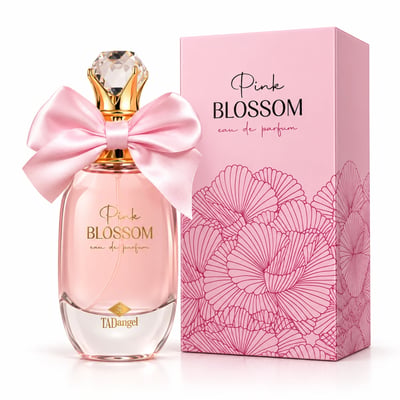 TADangel Pink Blossom 100ml EDP Women — Pink perfume bottle with a large pink satin bow and a crystal-like cap, next to its matching pink box with floral line art.